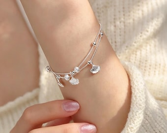 Ginkgo Leaf Double Layer Bracelet, Silver Toned Nature Jewelry