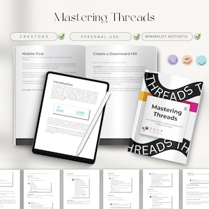 May include: An open book and a tablet display the title "Mastering Threads" with the text "Your Quick-Start Guide to Instagram's Hottest New App." The book cover is white with black, yellow, and pink accents. The tablet shows the price of $245.