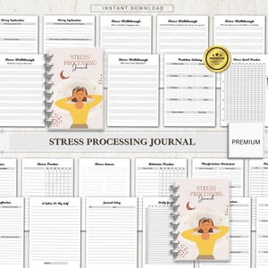 Può includere: Una raccolta di pagine stampabili di un diario di elaborazione dello stress. Il diario include pagine per l'esplorazione delle preoccupazioni, le procedure dettagliate sullo stress, la risoluzione dei problemi e un tracker del livello di stress. La copertina presenta un'illustrazione di una persona che si tiene la testa.