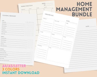 Home Managemet Printable Bundle | Cleaning Checklist, Meal Planner, Grocery List & Notes | Digital Download