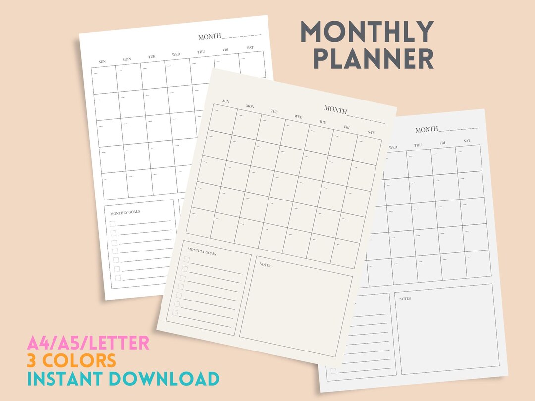 Monthly Planner Printable | Minimal Monthly Planner | A4 A5 US Letter ...