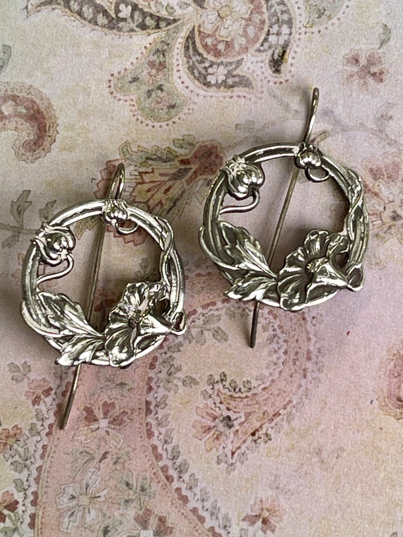 French Art Nouveau Sterling Silver Repousse Earrin