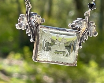 Vintage Glass Reverse Intaglio Sterling Equestrian Necklace