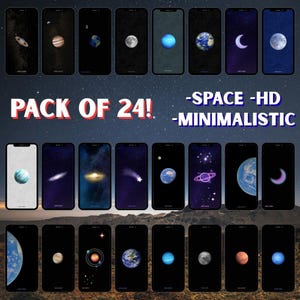 Pode incluir: Um conjunto de 24 capas para smartphones com designs temáticos do espaço. Cada capa apresenta um corpo celeste ou uma cena espacial diferente, incluindo planetas, galáxias e luas. As capas são pretas com obras de arte minimalistas e o texto "PACK OF 24! -SPACE -HD -MINIMALISTIC".