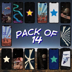 Pode incluir: Um pacote de 14 papéis de parede para smartphones com designs temáticos espaciais. Cada papel de parede apresenta ilustrações únicas, incluindo astronautas, planetas, estrelas e gráficos de estilo retrô. A paleta de cores inclui azuis, laranjas e pretos.