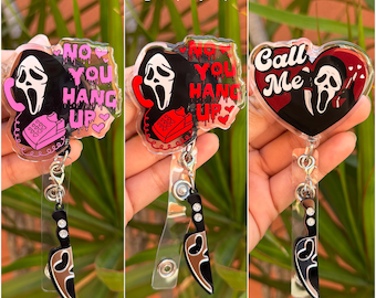 ID Badge Reels w Cute Charm , Cute Funny , Ghost , No You Hang  Up , CALL ME healthcare worker Retractable Badge Holder ( Alligator Clip )
