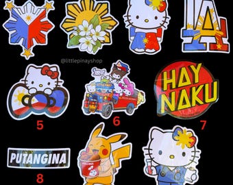 Puede incluir: Una colección de pegatinas coloridas con varios diseños. Incluye una bandera filipina, un sol con flores, personajes de Hello Kitty, un logotipo de los Dodgers y texto que dice "HAY NAKU" y "PUTANGINA".