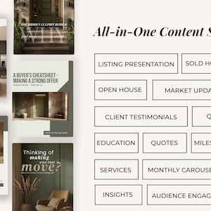 May include: An image showcasing an "All-in-One Content Suite" with various marketing materials. The suite includes "Listing Presentation," "Sold Homes," "Open House," and "Market Updates" options. Other options include "Client Testimonials," "Q&A," "Education," and "Quotes."