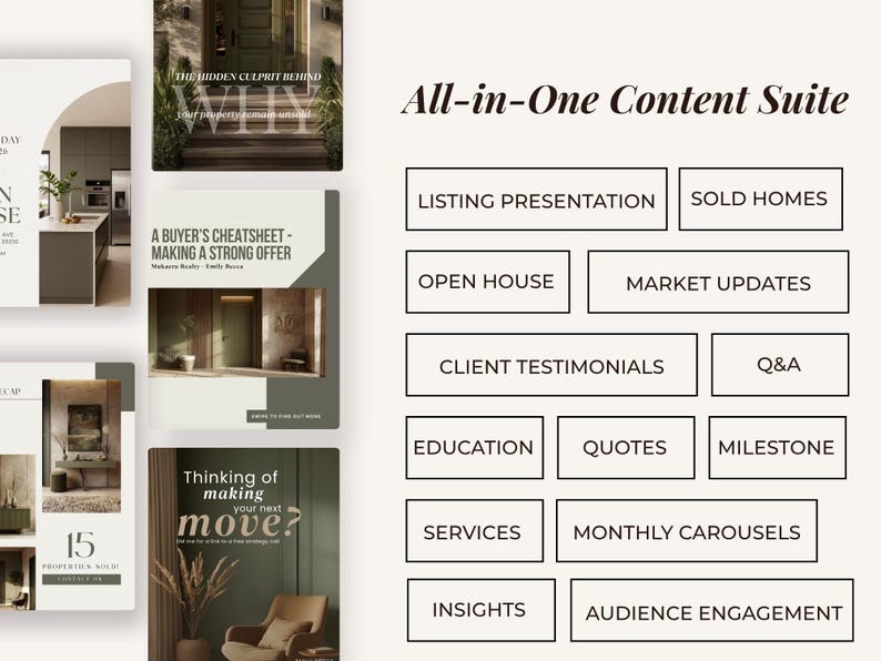 May include: An image showcasing an "All-in-One Content Suite" with various marketing materials. The suite includes "Listing Presentation," "Sold Homes," "Open House," and "Market Updates" options. Other options include "Client Testimonials," "Q&A," "Education," and "Quotes."