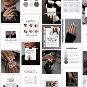 May include: A collection of social media templates for a nail technician business featuring black, white, and gray color schemes. The designs include text overlays such as Book, Meet Your Nail Tech, Aftercare, and Nail Application, alongside photographs of manicured hands, nail care tips, and service information.