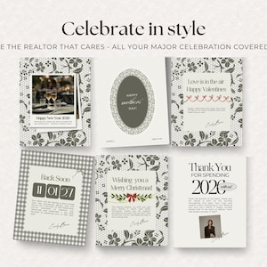 May include: A collection of greeting cards with various designs and text, including "Happy New Year 2026," "Happy Mother's Day," "Happy Valentine's," "Back Soon," "Wishing you a Merry Christmas," and "Thank You for Spending 2026."