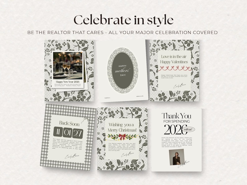 May include: A collection of greeting cards with various designs and text, including "Happy New Year 2026," "Happy Mother's Day," "Happy Valentine's," "Back Soon," "Wishing you a Merry Christmas," and "Thank You for Spending 2026."