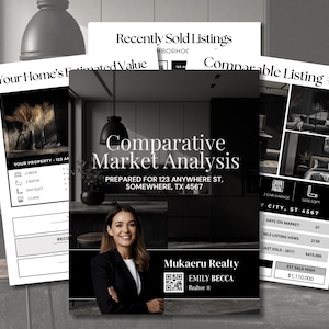 May include: A black and white real estate marketing presentation with the text "Comparative Market Analysis" and "Recently Sold Listings". The presentation includes a photo of a woman and a QR code.