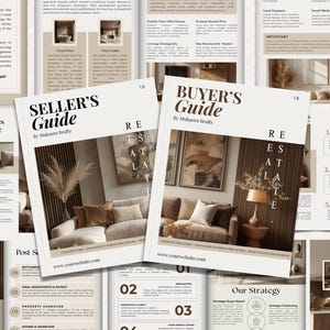 May include: A stack of brochures with the titles "Seller's Guide" and "Buyer's Guide" by Mukaera Realty. The brochures feature interior design images and text. The color scheme is neutral with beige and brown tones. The word "REAL ESTATE" is visible.