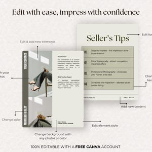 May include: A digital marketing template with the text "Edit with ease, impress with confidence." The template includes a section for "Seller's Tips" and instructions to edit fonts, change colors, and add content. The template is 100% editable.