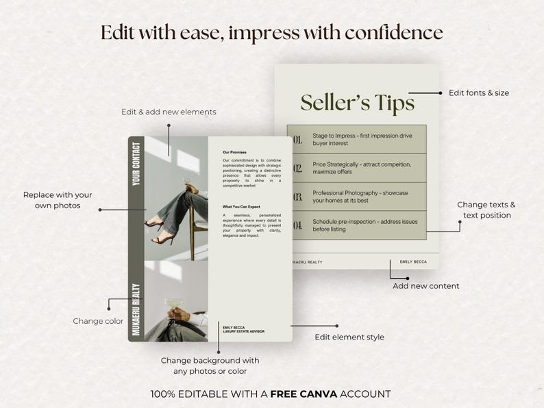 May include: A digital marketing template with the text "Edit with ease, impress with confidence." The template includes a section for "Seller's Tips" and instructions to edit fonts, change colors, and add content. The template is 100% editable.