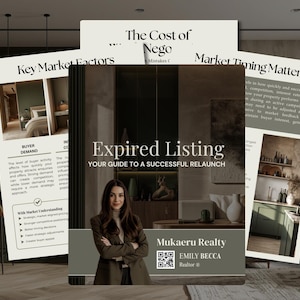 May include: A multi-page real estate marketing brochure titled Expired Listing: Your Guide to a Successful Relaunch. The document features a person in a brown blazer, Mukaeru Realty branding, a QR code, and text sections on market factors and timing.