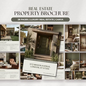 Peut inclure: Un modèle de brochure immobilière de 28 pages pour Canva présentant plusieurs photos d'intérieurs et d'extérieurs de maisons. La couverture affiche le texte : REAL ESTATE PROPERTY BROCHURE, 28 PAGES, LUXURY REAL ESTATE, CANVA, 572 MASON AVENUE, LONDON, ST 57255.