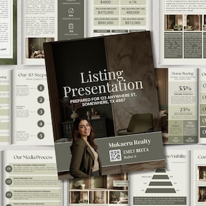 May include: A real estate listing presentation titled "Listing Presentation" with the address 123 Anywhere St, Somewhere, TX 4567. The presentation features a photo of a woman and information about home buying and online portals.