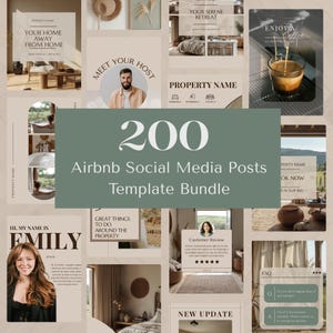 May include: A bundle of 200 Airbnb social media post templates. The templates showcase images of home interiors, coffee, and customer reviews. The colour scheme includes beige, brown, and green tones. Text includes "Your Home Away From Home" and "Enjoy a Coffee".