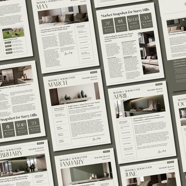 2026 Real Estate Newsletter Template Bundle Olive Green Canva Email Marketing Newsletters for Realtors Newsletter Full Year Content Pack