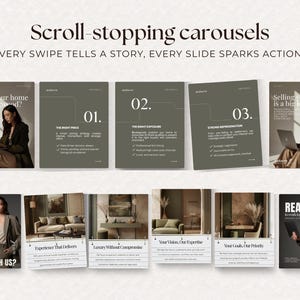 Luxury real estate Instagram carousel templates designed for storytelling, education and engagement, featuring premium layouts and refined branding for property marketing