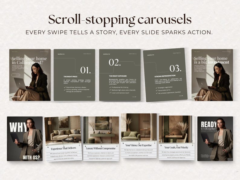 Luxury real estate Instagram carousel templates designed for storytelling, education and engagement, featuring premium layouts and refined branding for property marketing