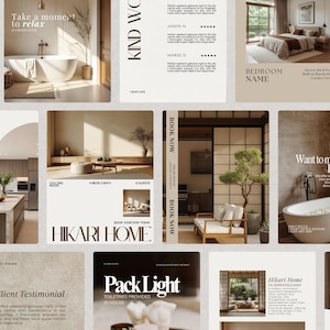 Könnte beinhalten: Eine Sammlung von Werbegrafiken für Hikari Home, die Innenarchitektur und Unterkunftsdetails zeigen. Die Bilder zeigen verschiedene Räume, darunter ein Schlafzimmer, ein Badezimmer und eine Küche, mit Textüberlagerungen wie "Take a moment to relax" und "Book Now".