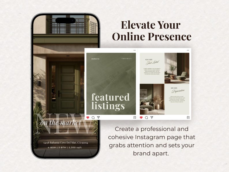 May include: A smartphone displays a real estate listing with the text "NEW on the market" and "featured listings." The image also shows a sample Instagram page with the text "Elevate Your Online Presence."