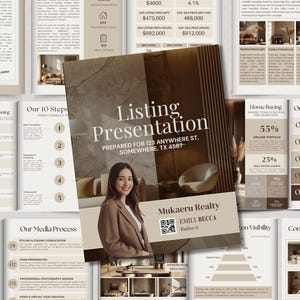 May include: A real estate listing presentation featuring a woman in a blazer. The cover displays "Listing Presentation" and the address "123 Anywhere St, Somewhere, TX 4567". Other pages detail steps, home buying, and media processes.