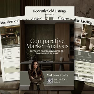 May include: A Comparative Market Analysis document featuring a professional portrait, a QR code, and Mukaeru Realty branding. The layout includes sections for Your Home's Estimated Value, Recently Sold Listings, and Comparable Listing #1 with property data.