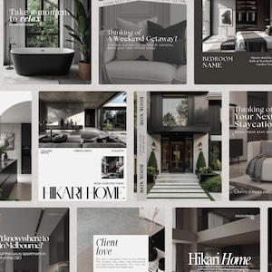 Könnte beinhalten: Eine Sammlung von Werbebildern für Hikari Home, die Luxusapartments und -retreats präsentieren. Die Bilder zeigen Innen- und Außenaufnahmen, darunter eine schwarze Badewanne, ein Schlafzimmer und die Außenansicht eines modernen Hauses. Text enthält "Take a moment to relax" und "Book Now."