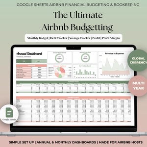 Puede incluir: Una pantalla de portátil muestra una plantilla de Google Sheets para la elaboración de presupuestos de Airbnb. La pantalla muestra un panel anual con gráficos y tablas para el seguimiento financiero. El texto incluye "The Ultimate Airbnb Budgetting".
