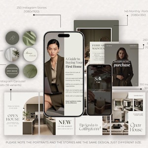 May include: A digital marketing package for real estate, featuring Instagram templates, stories, and carousel posts. The design includes a phone mockup with a woman in a blazer, and text that reads "A Guide to Buying Your First Home."