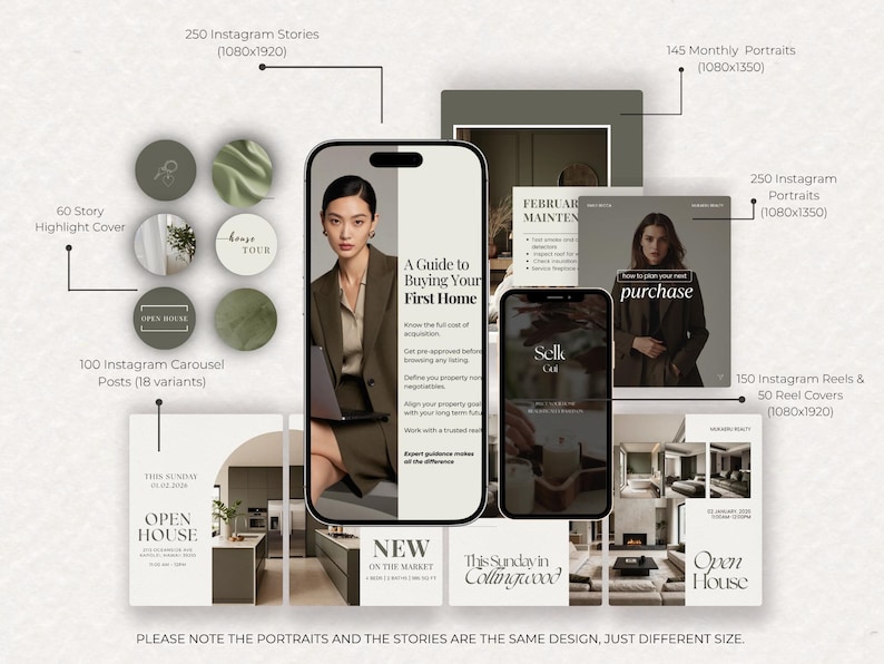 May include: A digital marketing package for real estate, featuring Instagram templates, stories, and carousel posts. The design includes a phone mockup with a woman in a blazer, and text that reads "A Guide to Buying Your First Home."