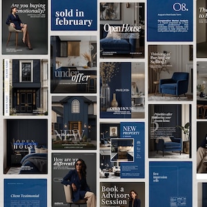 May include: A collection of social media graphics for a real estate brand featuring a dark blue color palette, interior design photography, property listings, and text overlays including phrases like Open House, New Property, and Sold in February.