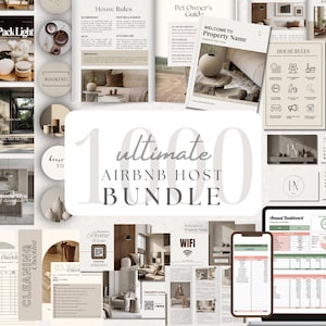 Könnte beinhalten: Eine Sammlung digitaler Dokumente und Mockups für Airbnb-Gastgeber. Das Bild enthält Checklisten, Hausregeln, Willkommensführer und ein Dashboard. Der Text "1000 ultimate Airbnb Host Bundle" ist deutlich sichtbar.