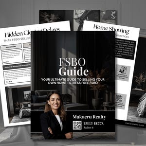Peut inclure: Plusieurs guides d'information, dont le "FSBO Guide", avec le texte "Your Ultimate Guide to Selling Your Own Home - Stress Free FSBO". Le guide principal présente une femme en blazer.