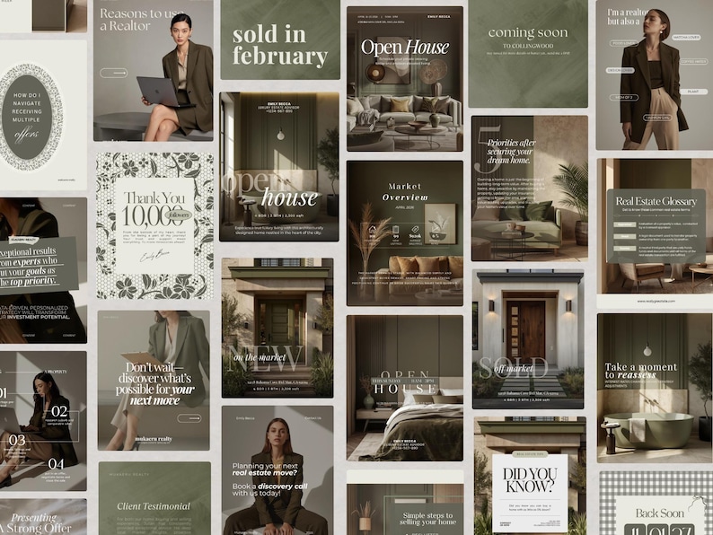 Real estate Instagram template bundle for realtors including Instagram posts, Instagram portrait designs, Instagram stories, Real estate instagram reels carousel layouts for premium branding, property marketing and high-end social media content creation. Luxury Realtor Instagram Templates, Luxury Realtor Olive Green Instagram Template Bundle. Social media branding kit for luxury realtor and real estate agents modern aesthetic design. Real Estate Agent, Broker,  Real Estate Social Media Marketing