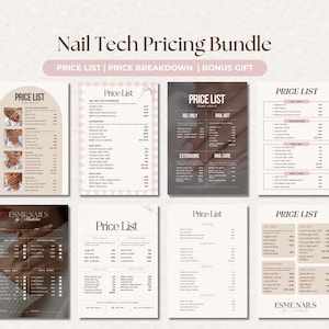 May include: A digital Nail Tech Pricing Bundle featuring eight distinct templates with neutral color palettes. Each document displays a Price List header, categorized service sections for gel, extensions, nail art, and care, and includes text.