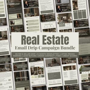 Puede incluir: Una colección digital de plantillas de correo electrónico inmobiliario con una tarjeta de título central que dice Real Estate Email Drip Campaign Bundle con subtexto que enumera categorías como goteo de compradores y vendedores, boletines y promociones.