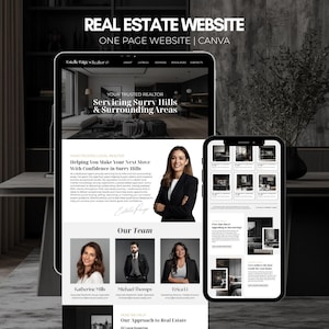 May include: A digital template for a real estate website displayed on a tablet and a smartphone. The design features a black and white color scheme with text reading REAL ESTATE WEBSITE, ONE PAGE WEBSITE | CANVA, and Estelle Paige Realtor.