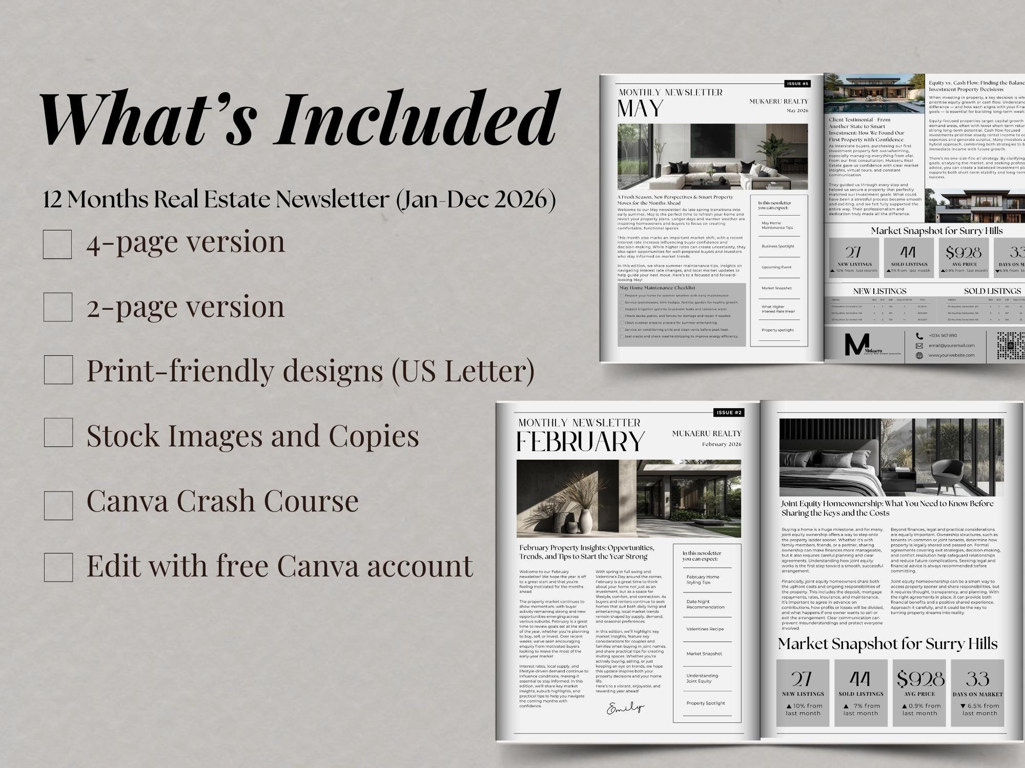 Newsletter Letter R 2026 Real Estate Newsletter Template Bundle Editable Canva Marketing ...