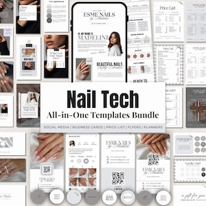 Puede incluir: Un paquete completo de plantillas de marketing digital para técnicos de uñas, que incluye publicaciones en redes sociales, listas de precios, tarjetas de presentación y folletos. Los diseños utilizan una paleta monocromática y tipografía elegante.
