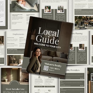 Puede incluir: Un folleto titulado "Local Guide" con el texto "Welcome to Your City" presenta a una mujer con una blazer. Las páginas circundantes muestran información sobre la vida local, el empleo y las perspectivas de inversión. El folleto es para Mukaeru Realty.