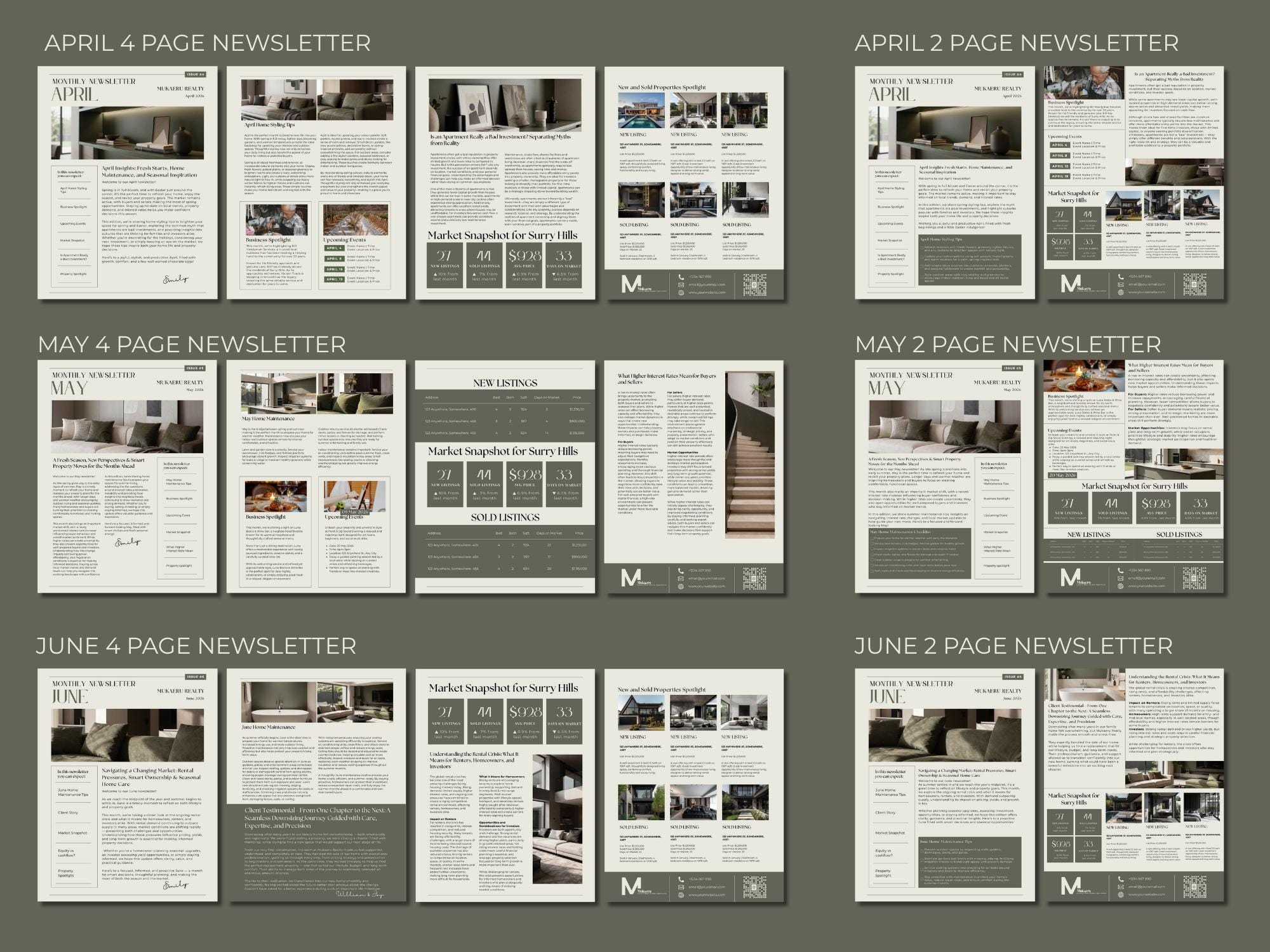 2026 Real Estate Newsletter Template Bundle Olive Green Canva Email ...