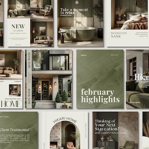Può includere: Una collezione di immagini promozionali per Hikari Home, con temi di interior design e immobiliari. Le immagini mostrano spazi abitativi moderni, tra cui camere da letto, bagni e soggiorni, con sovrapposizioni di testo come "February Highlights" e "Book Now".