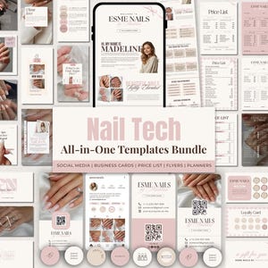 May include: A comprehensive digital template bundle for nail technicians featuring a soft pink and white colour palette. The collection includes social media posts, business cards, price lists, flyers, and planners branded as Esme Nails by Madeline.