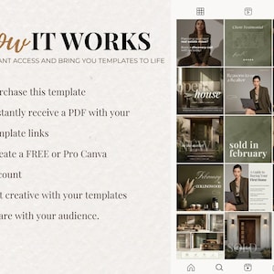 May include: A digital marketing template set with a neutral color palette. The image includes text that reads "How it Works" and steps to access and use the templates. The right side shows examples of the templates.