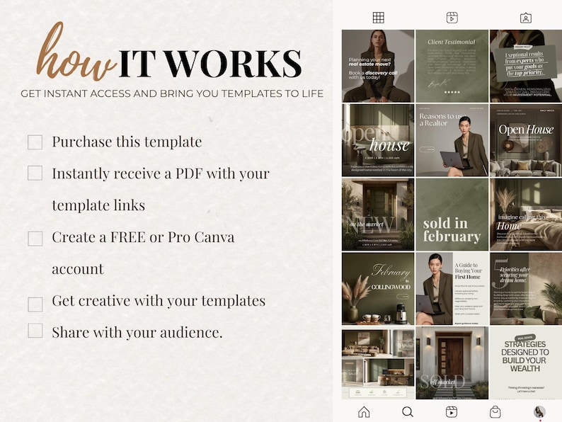 May include: A digital marketing template set with a neutral color palette. The image includes text that reads "How it Works" and steps to access and use the templates. The right side shows examples of the templates.